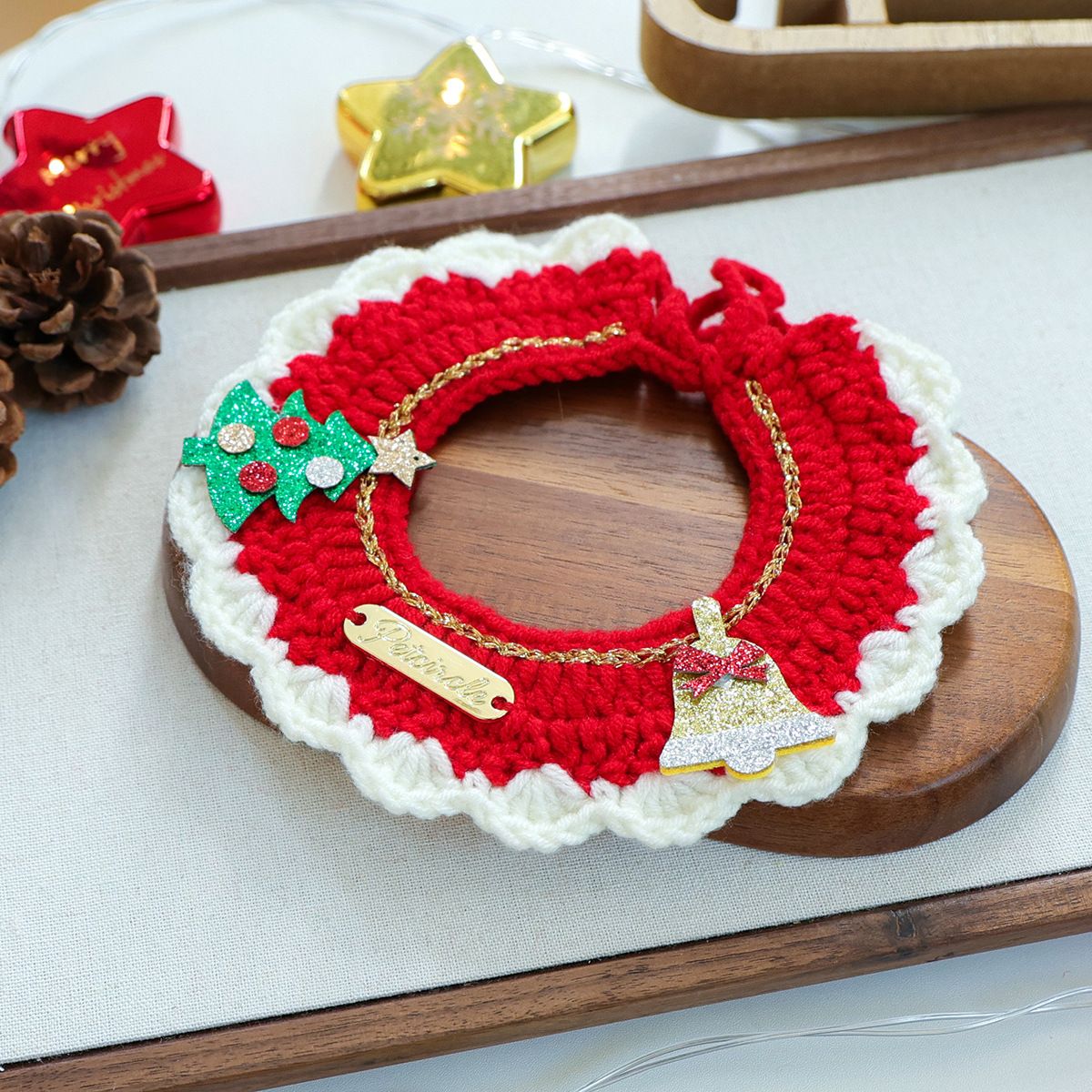 Christmas Pet Collarï¼ˆTree bellï¼‰ Knitted Festive Dog Cat Collar Red Green Adjustable Soft Lightweight Holiday Pet Accessories for Small Dogs and Cats  Party Wear