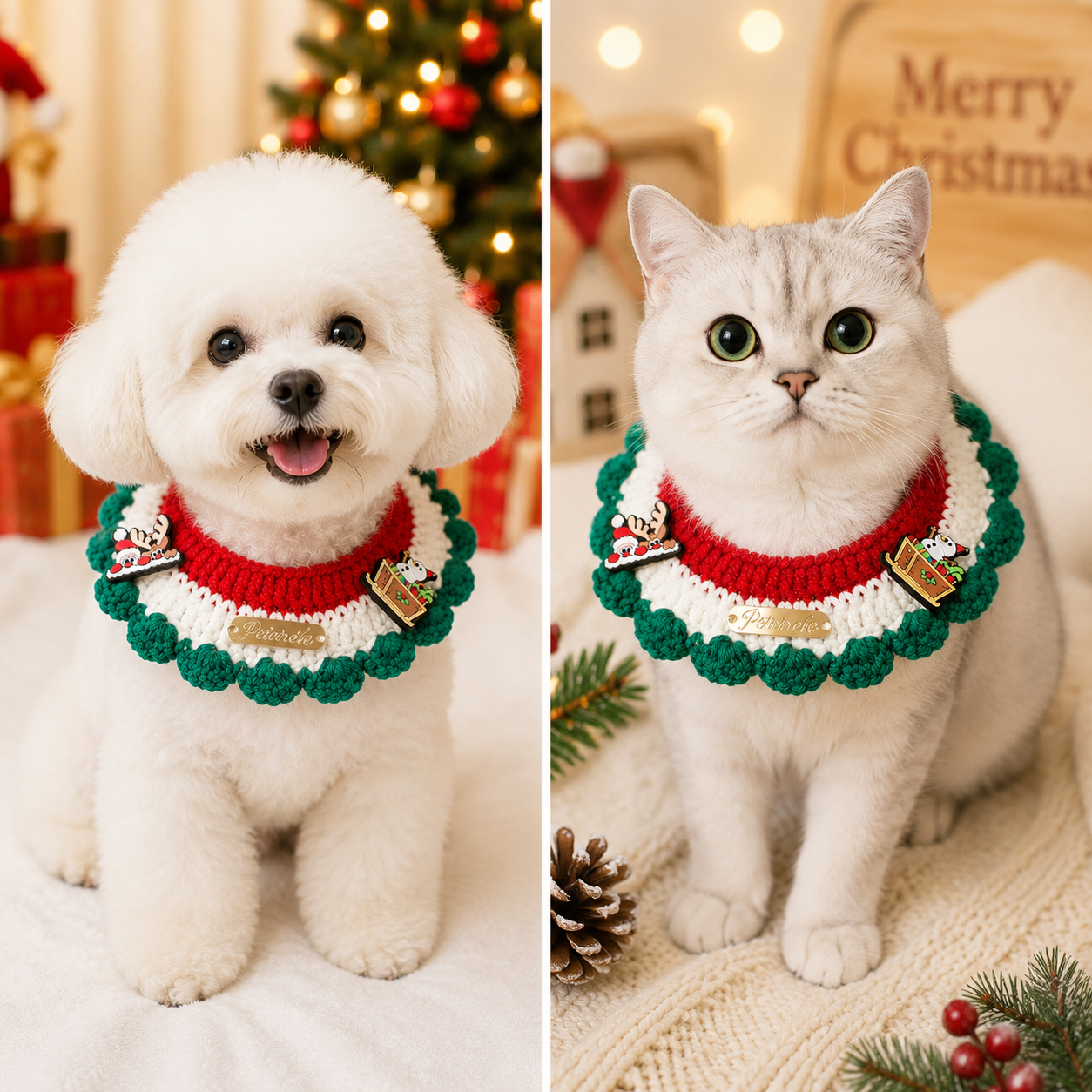 Christmas Pet Collarï¼ˆSnowman, deer, old manï¼‰ Knitted Festive Dog Cat Collar Red Green Adjustable Soft Lightweight Holiday Pet Accessories for Small Dogs and Cats  Party Wear