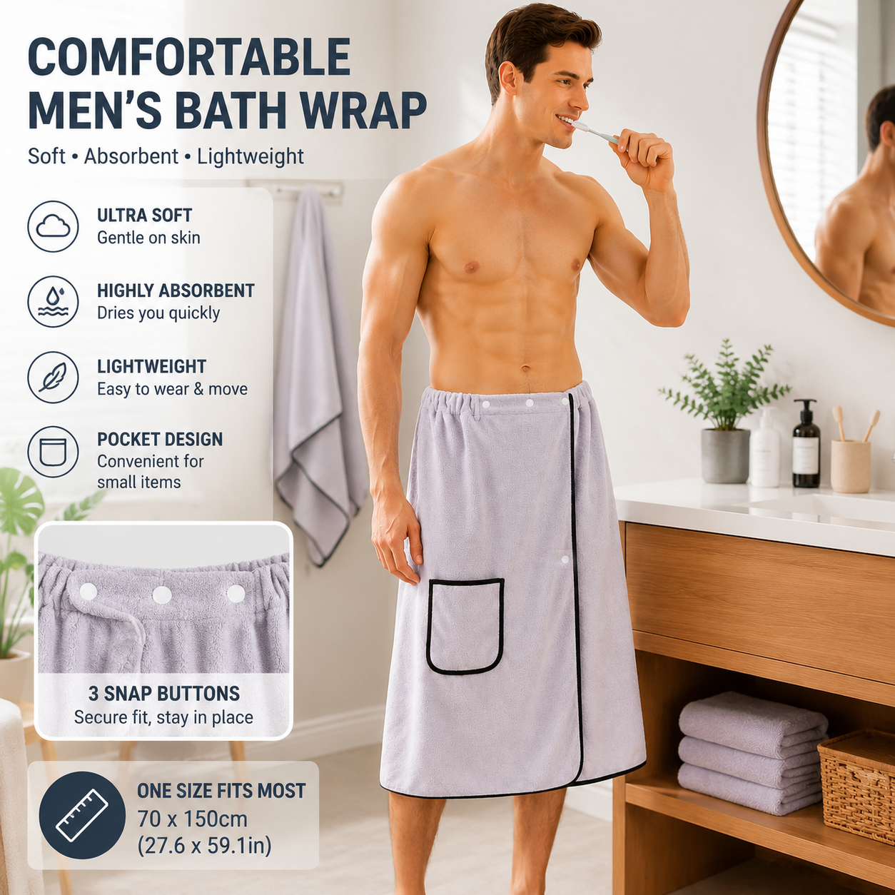 Menâ€™s Bath Wrap Microfiber Quick Dry Absorbent Adjustable Snap Closure Grey Bath Towel Wrap Lightweight Bathroom Spa Gym Travel Use 70x150cm Comfortable Fit