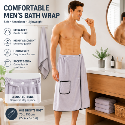 Menâ€™s Bath Wrap Microfiber Quick Dry Absorbent Adjustable Snap Closure Grey Bath Towel Wrap Lightweight Bathroom Spa Gym Travel Use 70x150cm Comfortable Fit