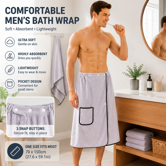Menâ€™s Bath Wrap Microfiber Quick Dry Absorbent Adjustable Snap Closure Grey Bath Towel Wrap Lightweight Bathroom Spa Gym Travel Use 70x150cm Comfortable Fit