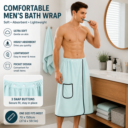 Men's Bath Wrap Microfiber Quick Dry Absorbent Adjustable Snap Closure Light blue Bath Towel Wrap Lightweight Bathroom Spa Gym Travel Use 70x150cm Comfortable Fit