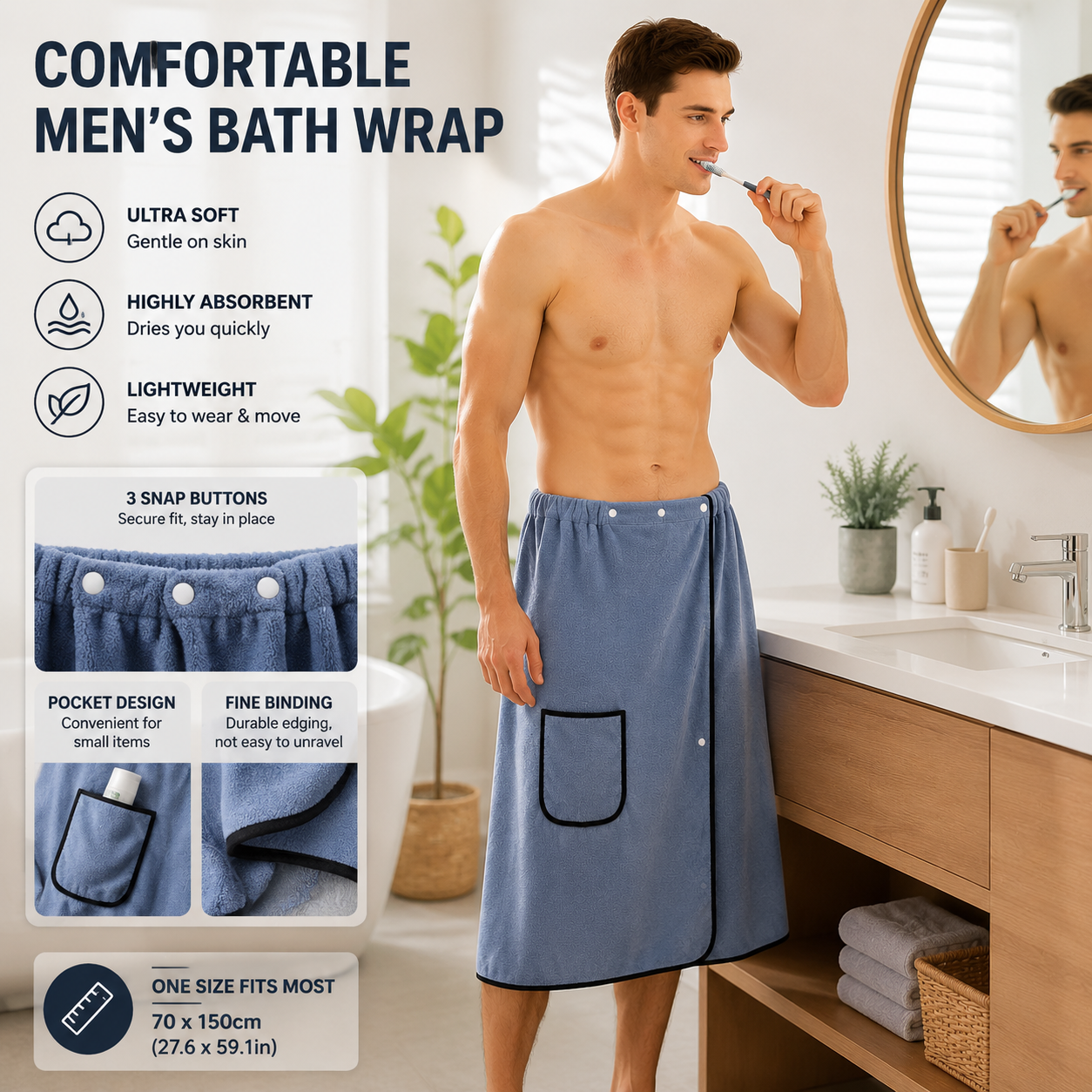 Men's Bath Wrap Microfiber Quick Dry Absorbent Adjustable Snap Closure Navy blue Bath Towel Wrap Lightweight Bathroom Spa Gym Travel Use 70x150cm Comfortable Fit