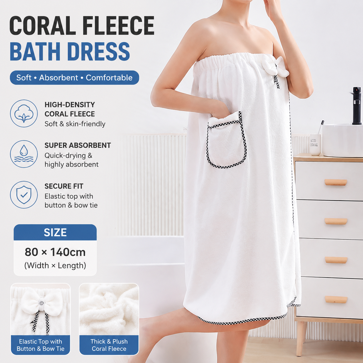 White Women's Coral Fleece Wearable Bath Towel Wrap - 80x140cm With Elastic Band, Snap Button and Pocket for Home Spa Travel