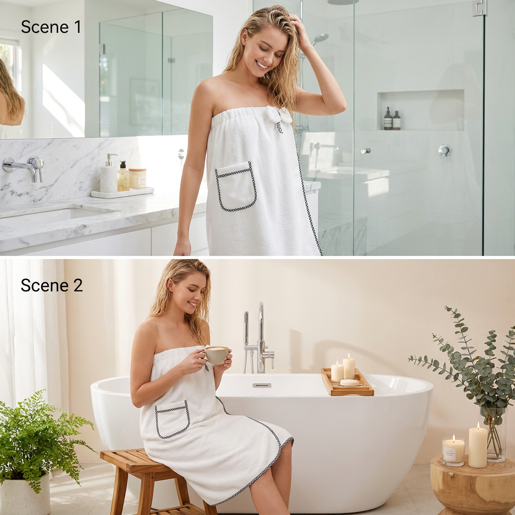 White Women's Coral Fleece Wearable Bath Towel Wrap - 80x140cm With Elastic Band, Snap Button and Pocket for Home Spa Travel