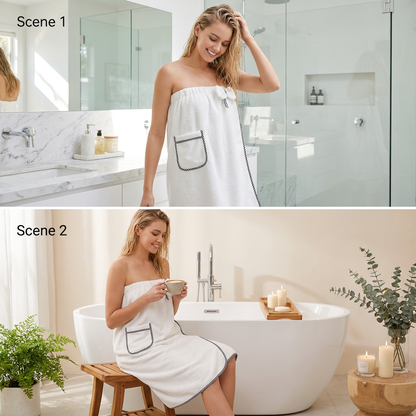 White Women's Coral Fleece Wearable Bath Towel Wrap - 80x140cm With Elastic Band, Snap Button and Pocket for Home Spa Travel
