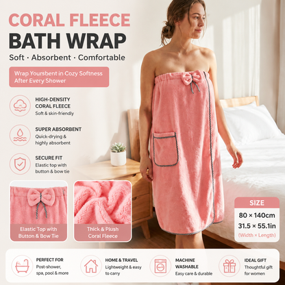 Pink Women's Coral Fleece Wearable Bath Towel Wrap - 80x140cm With Elastic Band, Snap Button and Pocket for Home Spa Travel