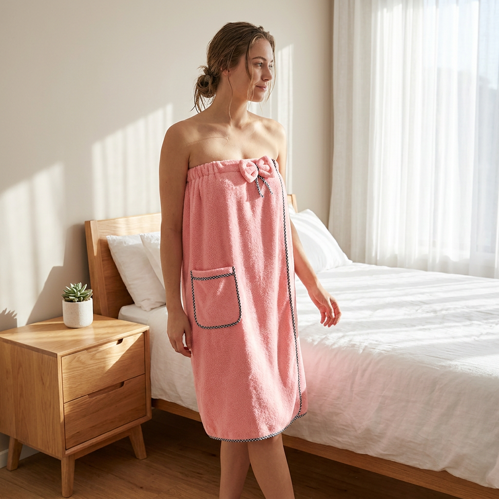 Pink Women's Coral Fleece Wearable Bath Towel Wrap - 80x140cm With Elastic Band, Snap Button and Pocket for Home Spa Travel