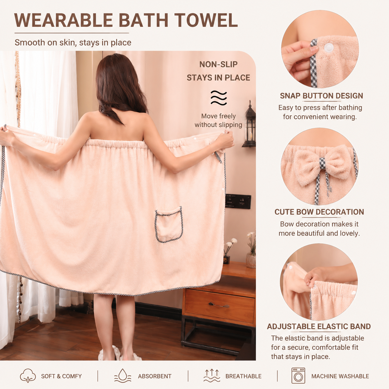 Pink Women's Coral Fleece Wearable Bath Towel Wrap - 80x140cm With Elastic Band, Snap Button and Pocket for Home Spa Travel