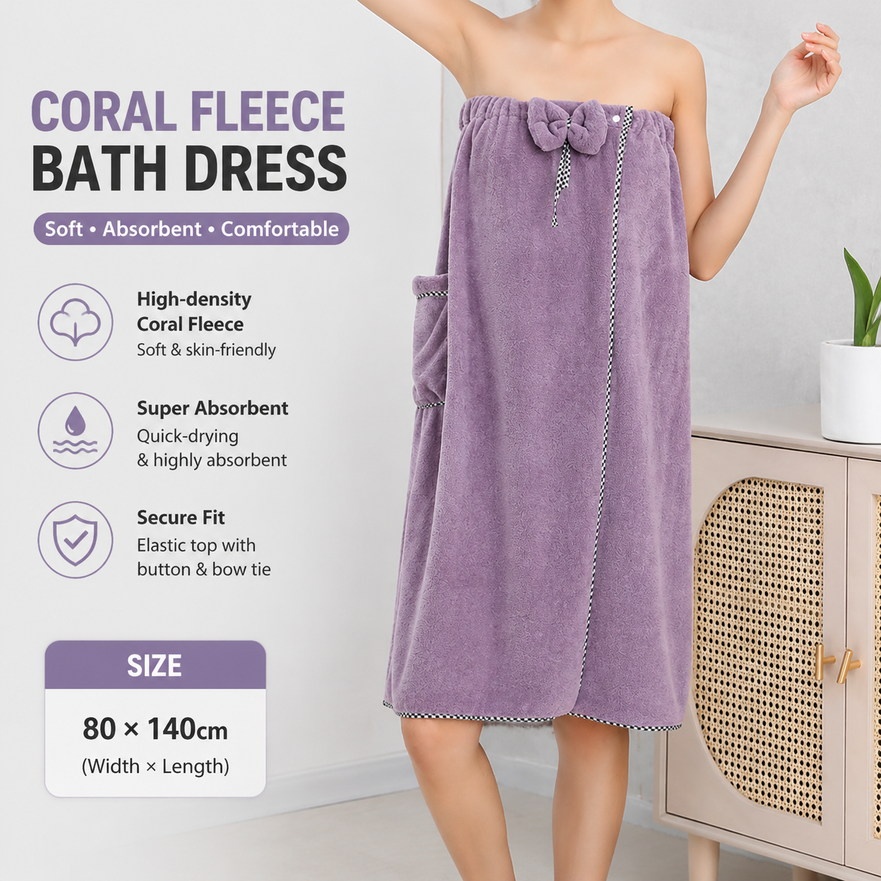 Purple Women's Coral Fleece Wearable Bath Towel Wrap - 80x140cm With Elastic Band, Snap Button and Pocket for Home Spa Travel