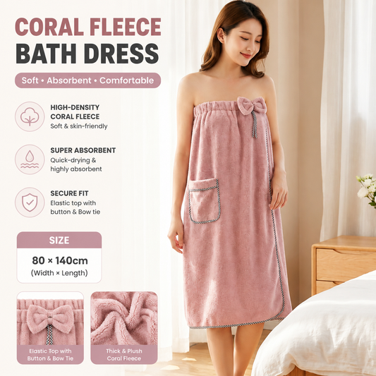 Peach Women's Coral Fleece Wearable Bath Towel Wrap - 80x140cm With Elastic Band, Snap Button and Pocket for Home Spa Travel