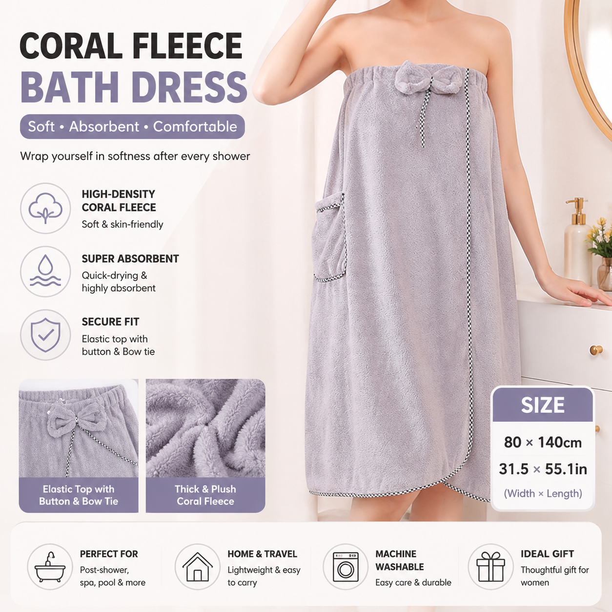 Grey Women's Coral Fleece Wearable Bath Towel Wrap - 80x140cm With Elastic Band, Snap Button and Pocket for Home Spa Travel