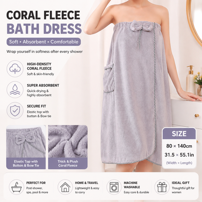 Grey Women's Coral Fleece Wearable Bath Towel Wrap - 80x140cm With Elastic Band, Snap Button and Pocket for Home Spa Travel