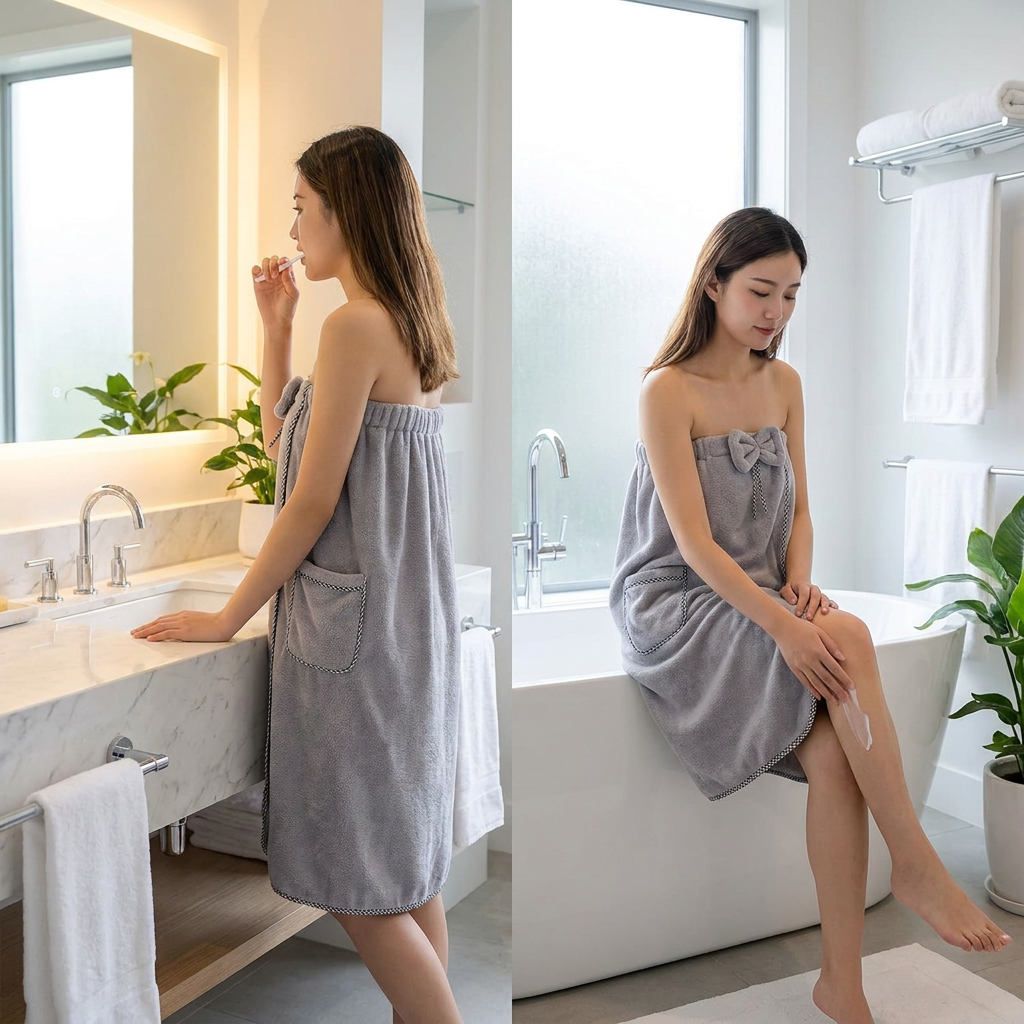 Grey Women's Coral Fleece Wearable Bath Towel Wrap - 80x140cm With Elastic Band, Snap Button and Pocket for Home Spa Travel