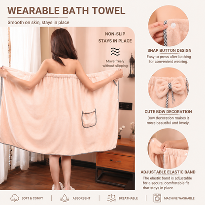 Grey Women's Coral Fleece Wearable Bath Towel Wrap - 80x140cm With Elastic Band, Snap Button and Pocket for Home Spa Travel