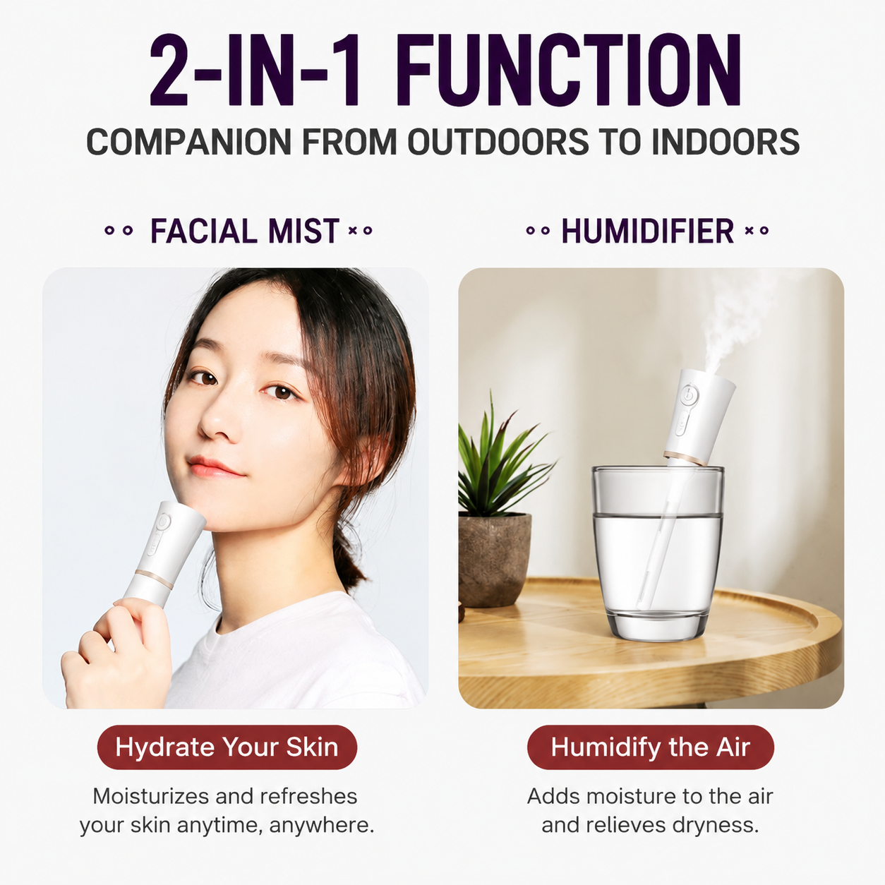 White 2 in 1 Portable Facial Mist Humidifier Nano Mist Sprayer Hydration Device USB Rechargeable Skin Moisturising Sprayer for Home Office Travel Beauty Skincare