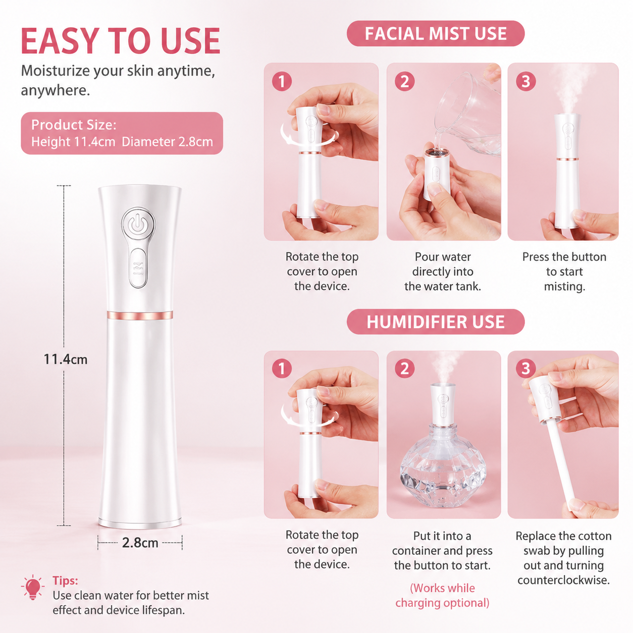White 2 in 1 Portable Facial Mist Humidifier Nano Mist Sprayer Hydration Device USB Rechargeable Skin Moisturising Sprayer for Home Office Travel Beauty Skincare