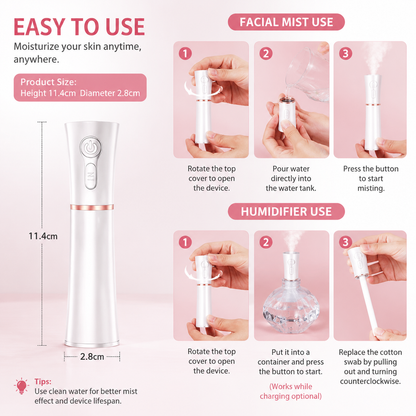 White 2 in 1 Portable Facial Mist Humidifier Nano Mist Sprayer Hydration Device USB Rechargeable Skin Moisturising Sprayer for Home Office Travel Beauty Skincare