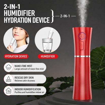Red 2 in 1 Portable Facial Mist Humidifier Nano Mist Sprayer Hydration Device USB Rechargeable Skin Moisturising Sprayer for Home Office Travel Beauty Skincare