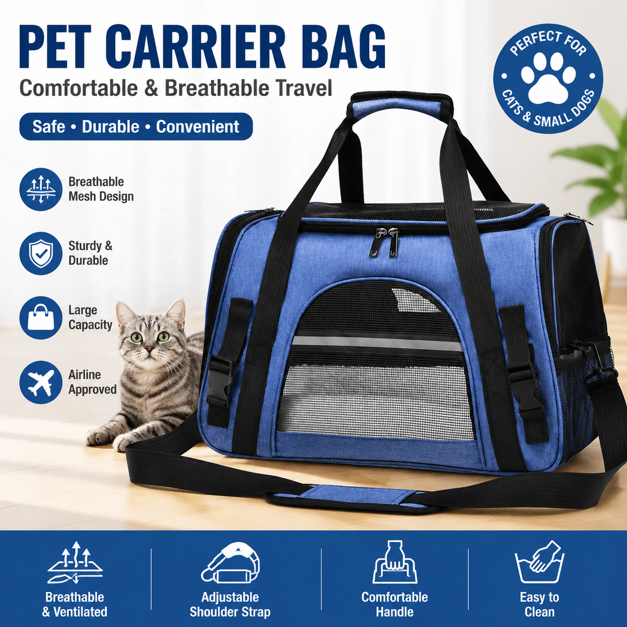 Blue Pet Carrier Bag - Breathable Meshfor Small Dogs and Cats  Travel Carrier Airline Travel Ready Adjustable Shoulder Strap Durable Ventilated Design (44x25x28cm)