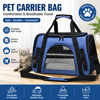Blue Pet Carrier Bag - Breathable Meshfor Small Dogs and Cats  Travel Carrier Airline Travel Ready Adjustable Shoulder Strap Durable Ventilated Design (44x25x28cm)