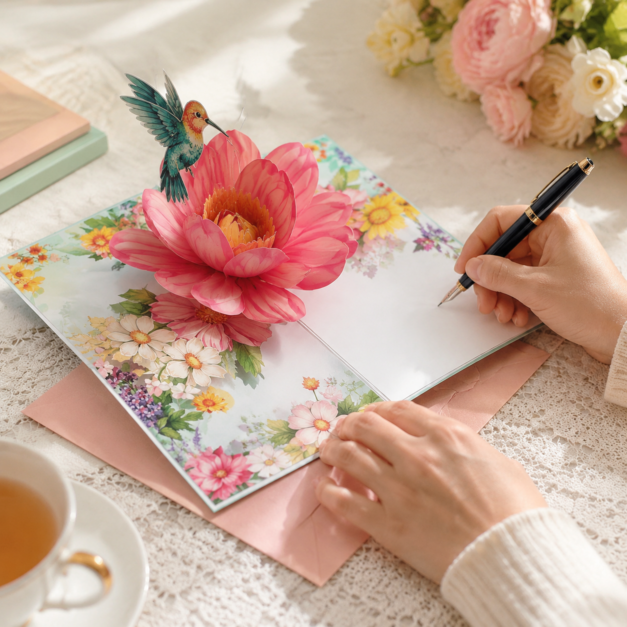 3D Pop Up Greeting Card Set Hummingbird Floral Design 2 Pack Handmade Style Paper Craft Greeting Cards Birthday Anniversary Gift Ready Decorative Greeting Card