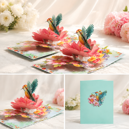 3D Pop Up Greeting Card Set Hummingbird Floral Design 2 Pack Handmade Style Paper Craft Greeting Cards Birthday Anniversary Gift Ready Decorative Greeting Card
