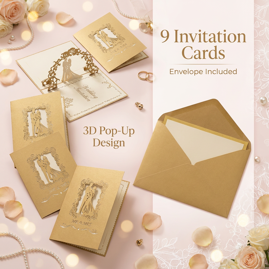3D Pop Up Wedding Invitation Cards Set of 9 | Luxury Laser Cut Wedding Invitations with Envelope | Elegant Mr & Mrs Bridal Greeting Cards