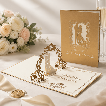3D Pop Up Wedding Invitation Cards Set of 9 | Luxury Laser Cut Wedding Invitations with Envelope | Elegant Mr & Mrs Bridal Greeting Cards
