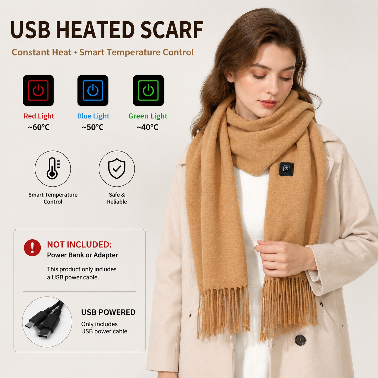 Camel USB Heated Scarf Electric Heating Winter Scarf Smart Temperature Control Warm Thermal Neck Warmer USB Powered Heated Scarf for Women Men