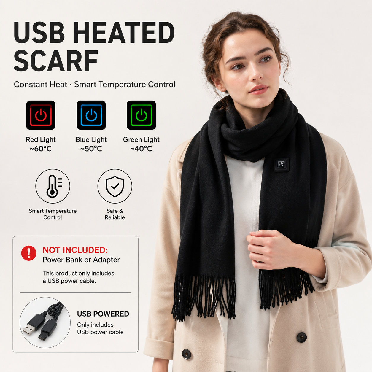 Black USB Heated Scarf Electric Heating Winter Scarf Smart Temperature Control Warm Thermal Neck Warmer USB Powered Heated Scarf for Women Men