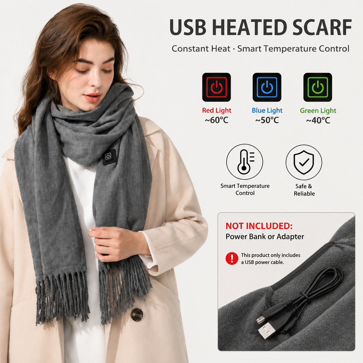 Gray USB Heated Scarf Electric Heating Winter Scarf Smart Temperature Control Warm Thermal Neck Warmer USB Powered Heated Scarf for Women Men