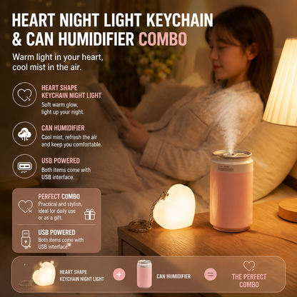 Heart Touch Sensor LED Keychain Light + Pink Mini Can Humidifier Aromatherapy Diffuser Set Portable USB Mist Night Light Keyring Decoration Gift