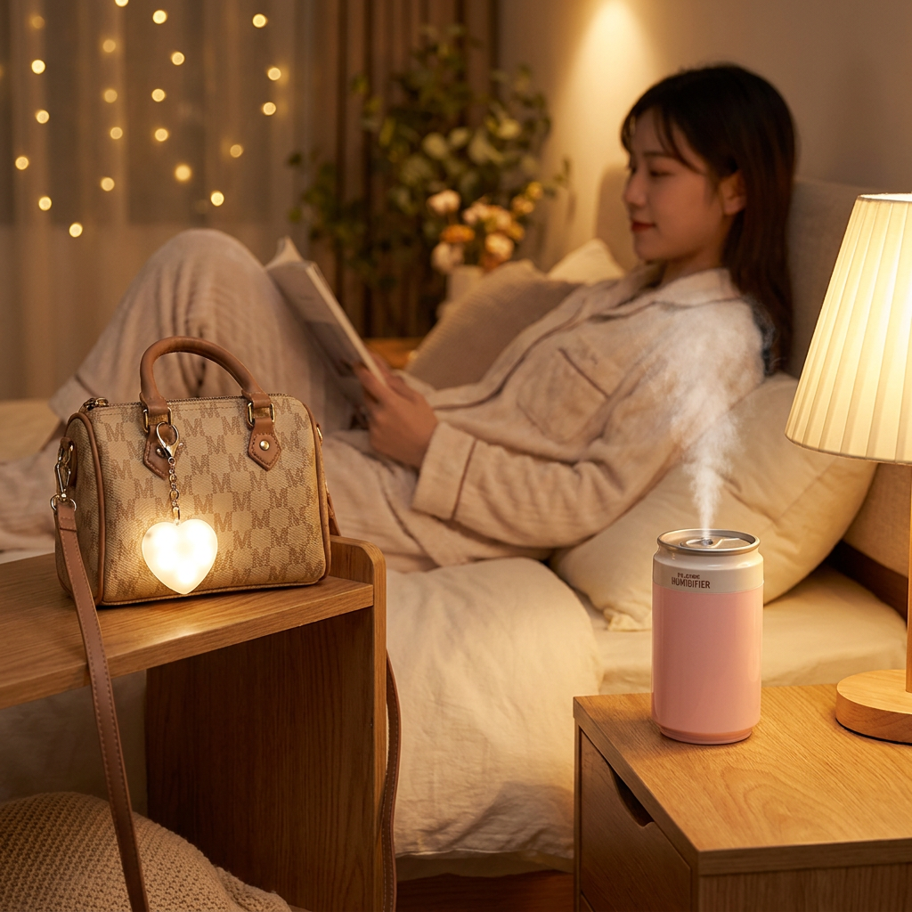 Heart Touch Sensor LED Keychain Light + Pink Mini Can Humidifier Aromatherapy Diffuser Set Portable USB Mist Night Light Keyring Decoration Gift