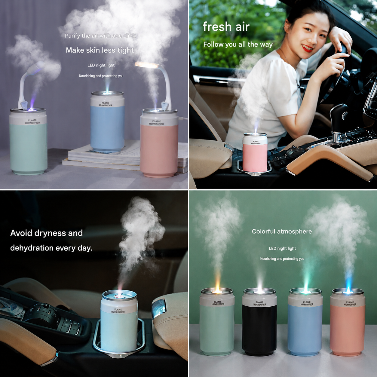 Heart Touch Sensor LED Keychain Light + Pink Mini Can Humidifier Aromatherapy Diffuser Set Portable USB Mist Night Light Keyring Decoration Gift