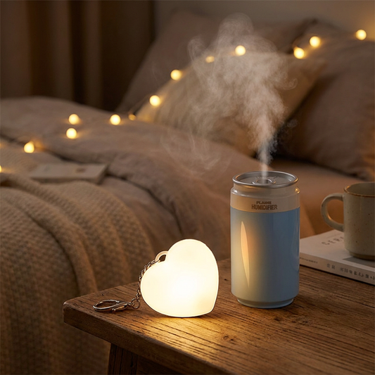Heart Touch Sensor LED Keychain Light + Blue Mini Can Humidifier Aromatherapy Diffuser Set Portable USB Mist Night Light Keyring Decoration Gift