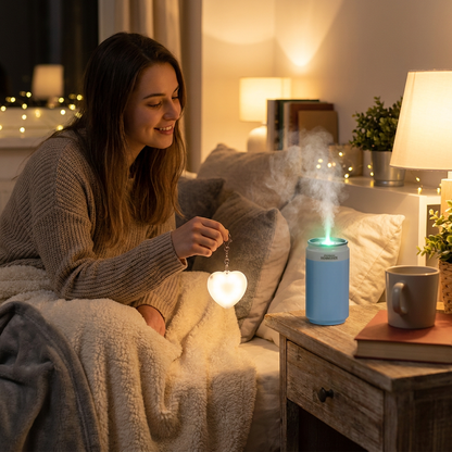 Heart Touch Sensor LED Keychain Light + Blue Mini Can Humidifier Aromatherapy Diffuser Set Portable USB Mist Night Light Keyring Decoration Gift