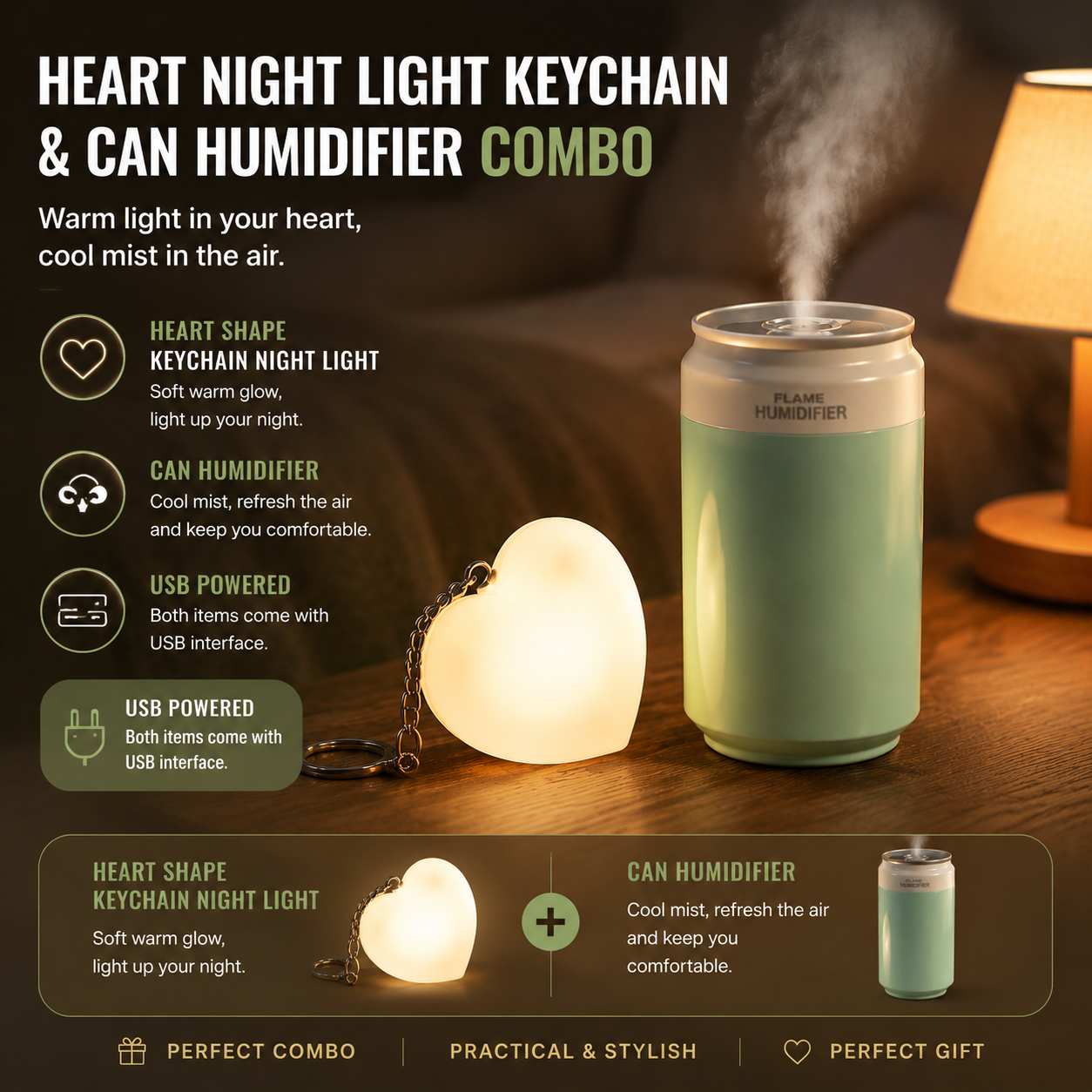 Heart Touch Sensor LED Keychain Light + Green Mini Can Humidifier Aromatherapy Diffuser Set Portable USB Mist Night Light Keyring Decoration Gift