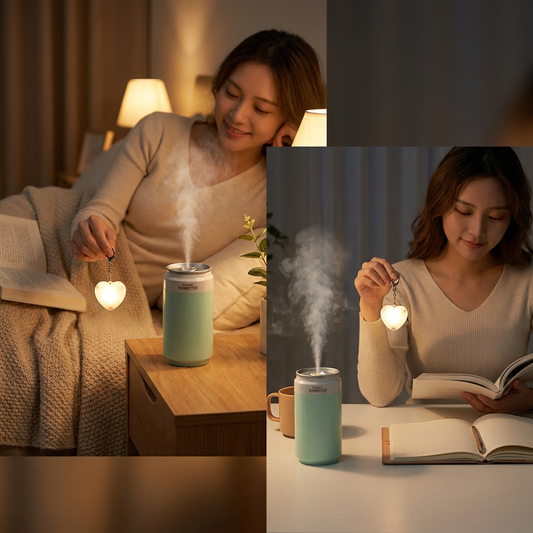 Heart Touch Sensor LED Keychain Light + Green Mini Can Humidifier Aromatherapy Diffuser Set Portable USB Mist Night Light Keyring Decoration Gift