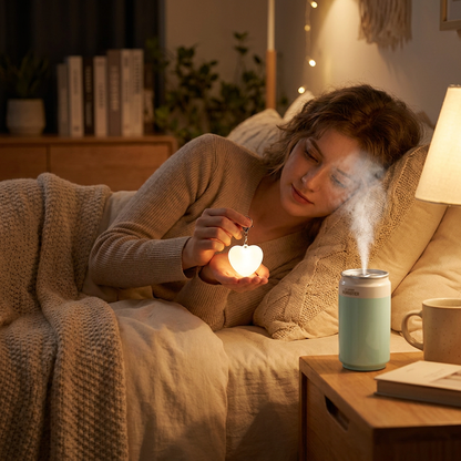 Heart Touch Sensor LED Keychain Light + Green Mini Can Humidifier Aromatherapy Diffuser Set Portable USB Mist Night Light Keyring Decoration Gift