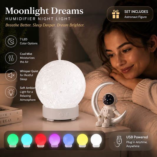 Moonlight Dreams Moon Lamp Humidifier Night Light USB Aroma Diffuser with Astronaut Figurine 7-Color LED Galaxy Bedroom Decor Gift for Teenager & Adults (White base version)
