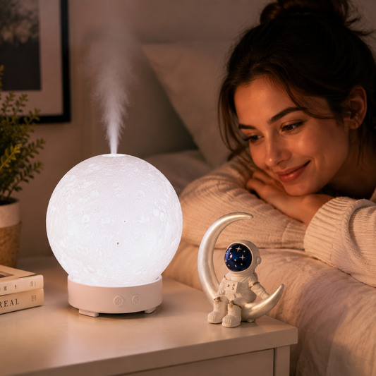 Moonlight Dreams Moon Lamp Humidifier Night Light USB Aroma Diffuser with Astronaut Figurine 7-Color LED Galaxy Bedroom Decor Gift for Teenager & Adults (White base version)