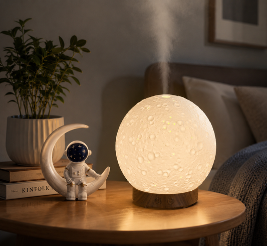 Moonlight Dreams Moon Lamp Humidifier Night Light USB Aroma Diffuser with Astronaut Figurine 7-Color LED Galaxy Bedroom Decor Gift for Teenager & Adults (Light wood grain base)
