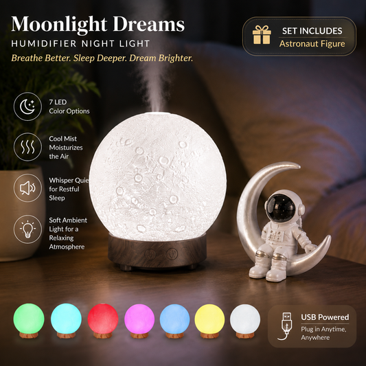 Moonlight Dreams Moon Lamp Humidifier Night Light USB Aroma Diffuser with Astronaut Figurine 7-Color LED Galaxy Bedroom Decor Gift for Teenager & Adults (Dark wood grain base)