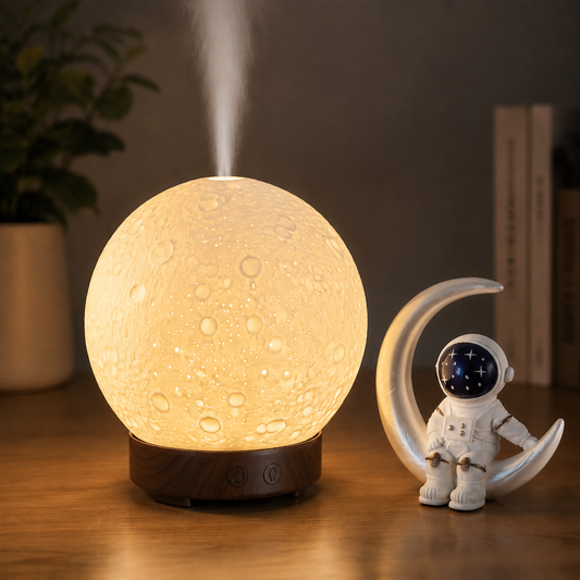 Moonlight Dreams Moon Lamp Humidifier Night Light USB Aroma Diffuser with Astronaut Figurine 7-Color LED Galaxy Bedroom Decor Gift for Teenager & Adults (Dark wood grain base)