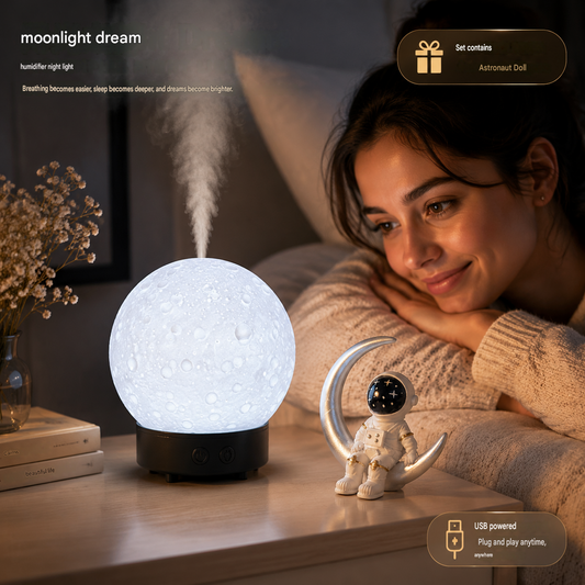 Moonlight Dreams Moon Lamp Humidifier Night Light USB Aroma Diffuser with Astronaut Figurine 7-Color LED Galaxy Bedroom Decor Gift for Teenager & Adults (Black base)