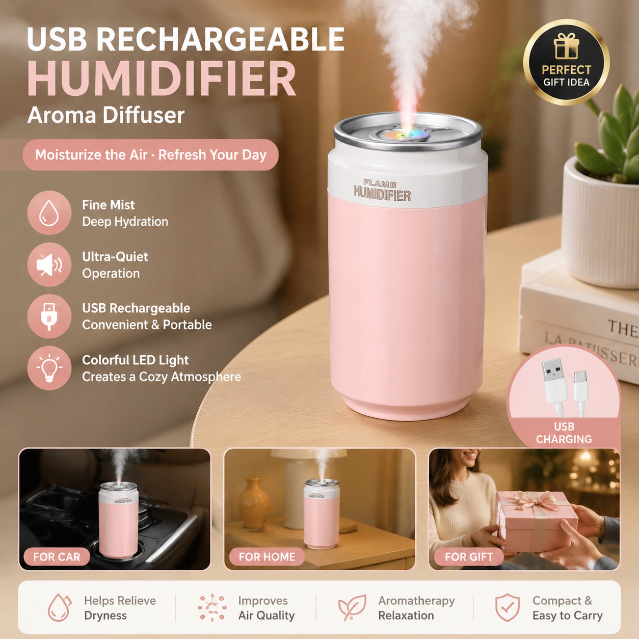 Pink USB Rechargeable Humidifier Aroma Diffuser Mini Can Mist Maker Portable Car Home Desktop Air Moisturizer with LED Light