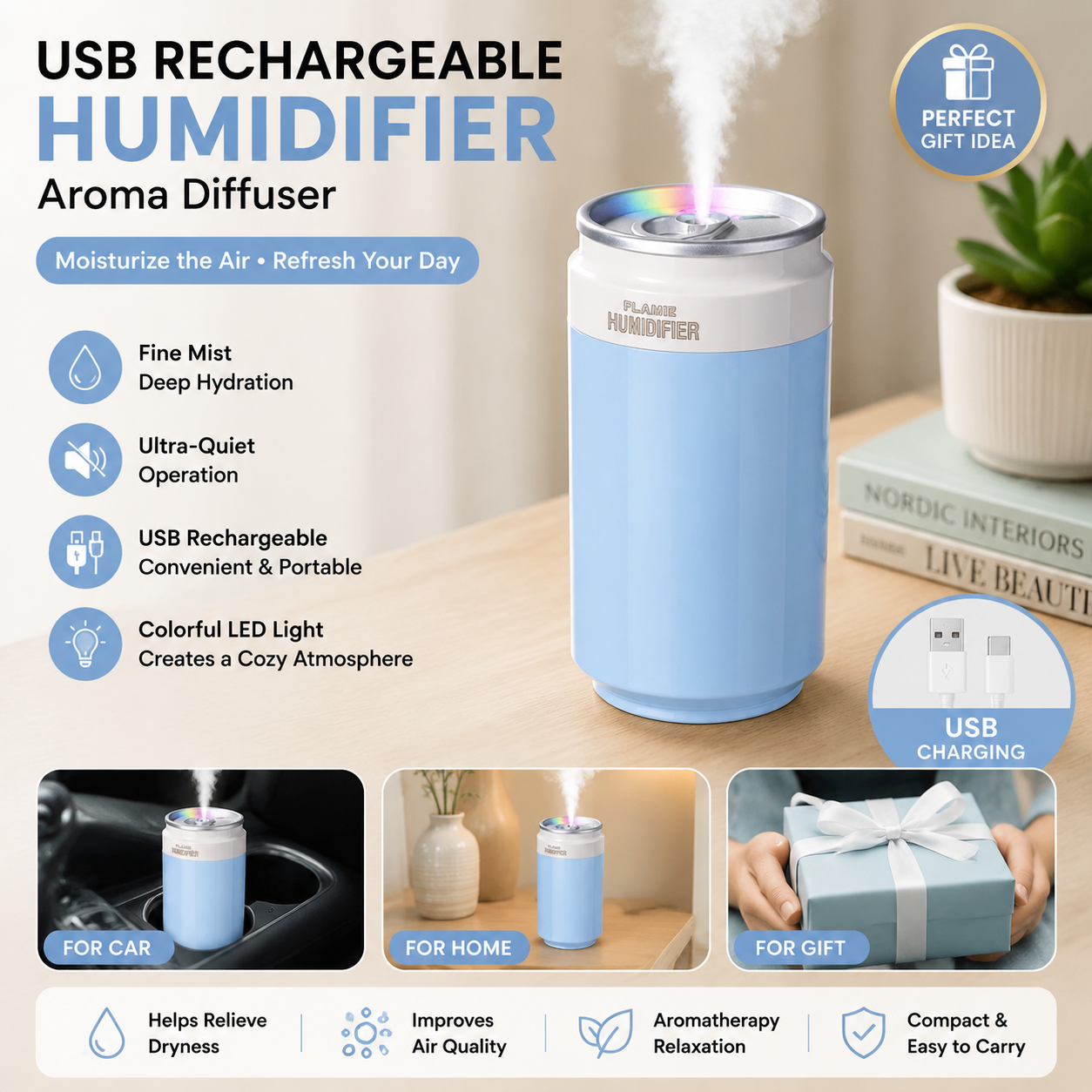 Blue USB Rechargeable Humidifier Aroma Diffuser Mini Can Mist Maker Portable Car Home Desktop Air Moisturizer with LED Light