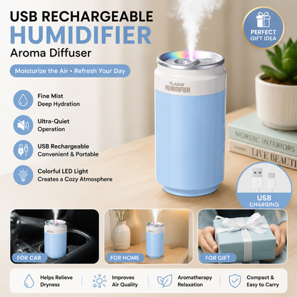 Blue USB Rechargeable Humidifier Aroma Diffuser Mini Can Mist Maker Portable Car Home Desktop Air Moisturizer with LED Light