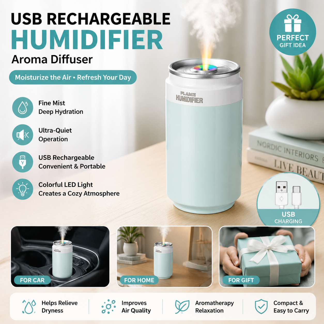 Green USB Rechargeable Humidifier Aroma Diffuser Mini Can Mist Maker Portable Car Home Desktop Air Moisturizer with LED Light